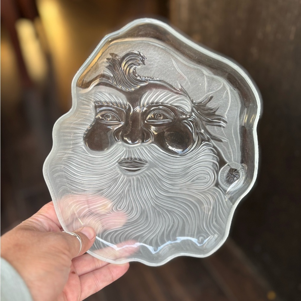 Antique Santa Claus KIG Indonesia Frosted Glass serving plate dish 8 1/2"x7"